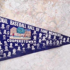 Large Vintage 1950&#39;s Cooperstown Baseball Pennant, Jose DiMaggio, Yogi Barra, Satchel Paige, Jackie Robinson, Babe Ruth, Stan Musial PLUS