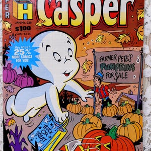 May include: A vintage Casper the Friendly Ghost comic book, issue number 238, featuring a white ghost carrying a blue trick-or-treat bag in a pumpkin patch. The cover displays text including Harvey Comics, Farmer Pete's Pumpkins For Sale, and Join the FUN.