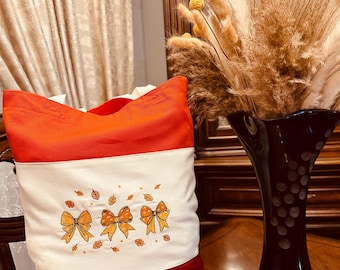 Bestickte Herbsttasche mit Schleifen: Wiederverwendbare Einkaufstasche aus Canvas