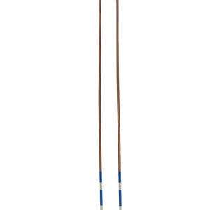 May include: Two wooden dowels with alternating blue and white stripes near the bottom. The dowels are brown with a dark brown tip. The background is plain white.