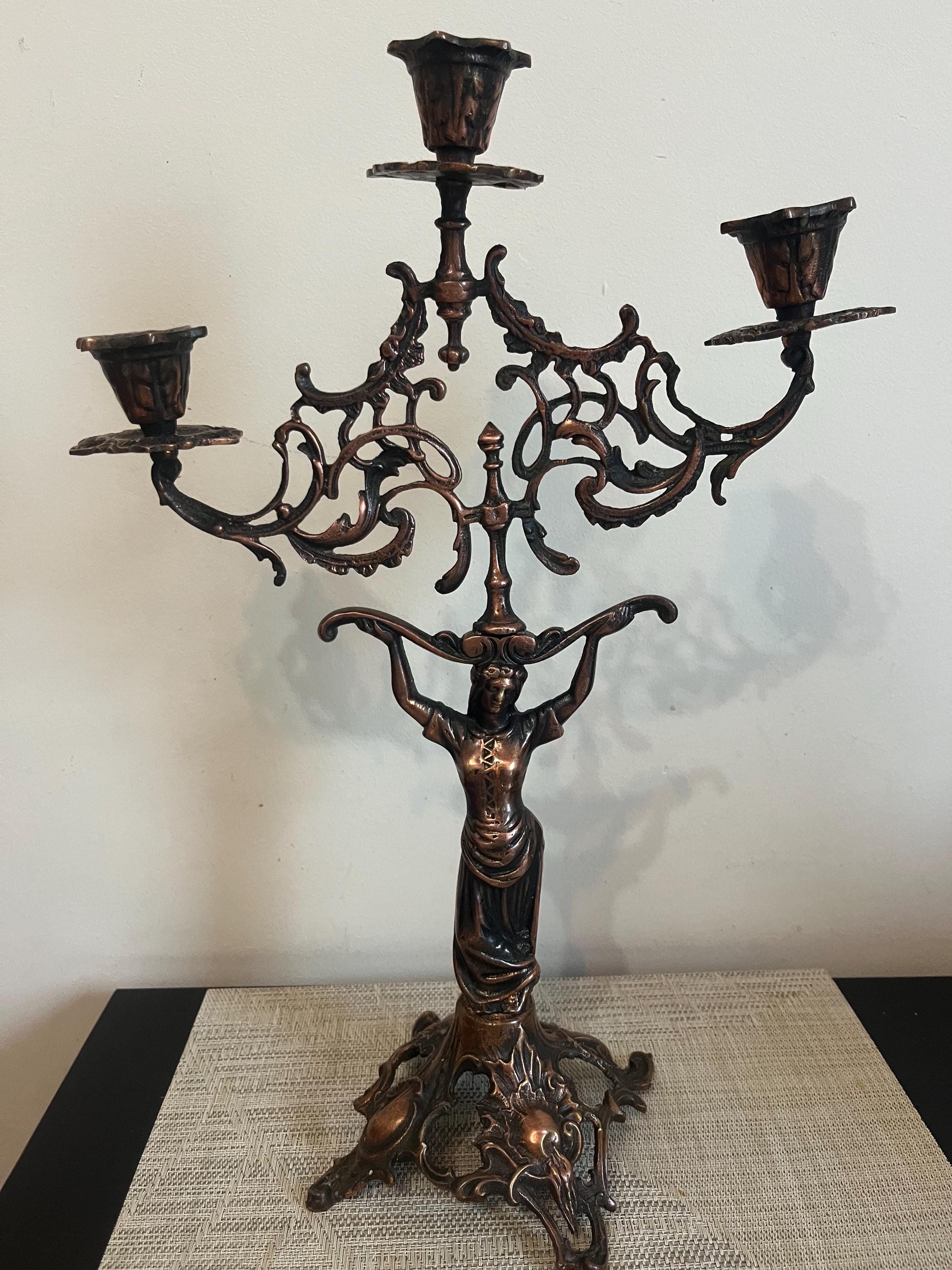 Antique Bronze Candelabra - Art Nouveau 3-Arm Candle Holder - Vintage Lady Figurine Candle Stand - Rococo Gothic Home Decor