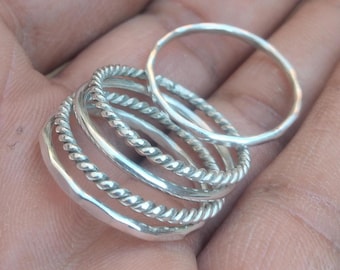 Handmade Assorted Patterns, Stacking 925 Sterling Silver Ring Set, Thin & Thick