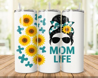 Sunflower Mom Life PNG | Teal Cow Print Bandana Girl Clipart | Messy Bun Mom Sublimation Design | 300 DPI Digital Download