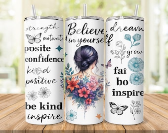 Motivational Woman Floral PNG – 2790x2460 Inspirational Sublimation Design, Positive Words, Butterfly, Back Tattoo Art Digital Download