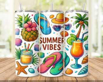 Summer Vibes Tumbler Wrap PNG – 2790x2460 Beach Flip Flop Tropical Drink Sublimation, Pineapple Shells Vacation Digital Download