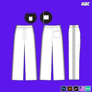 May include: Technical drawing of white pants with a drawstring waist and a single back pocket. The pants have a vertical stripe detail on the side. The background is a solid purple color. The UMC logo is in the top right corner.