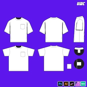 May include: White t-shirt design with a pocket, shown from multiple angles. The design includes front, back, side, and detail views. The text "UMC" is in the upper right corner. Software icons are at the bottom.