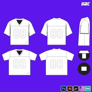 Könnte beinhalten: Weißes Kurzarm-Trikot mit der Nummer 80 auf der Vorder- und Rückseite. Das Trikot hat einen V-Ausschnitt und einen rechteckigen Aufnäher auf der unteren Vorderseite. Das Bild enthält auch eine Seitenansicht und Detailansichten des Trikots.