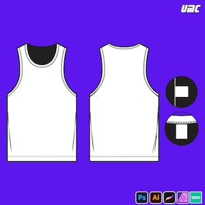 May include: White vest top design with a black neckline, displayed from the front and back. The design features stitching details and is set against a purple background. The image also includes the text "UMC" and software icons.