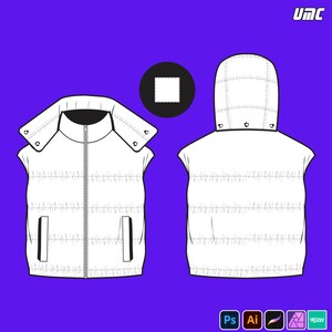 Mockup puffervest met capuchon – Streetwear-sjabloon JPG PNG PDF | Bewerkbaar bovenkledingontwerpbestand