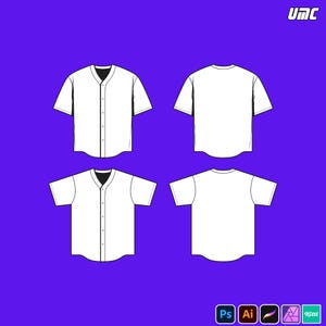 May include: White baseball jersey mockup with black trim, shown from front and back. The design features a button-up front and short sleeves. The image is set against a purple background, with the UMC logo in the top right corner.
