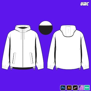 Mockup windjack met rits en capuchon – Streetwear-sjabloon JPG PNG PDF | Bewerkbaar bovenkledingbestand