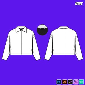 May include: White jacket design with a collar and zipper, shown from the front and back views. The jacket has long sleeves and a cropped length. The background is a solid purple color. The image also includes a small graphic and software icons.
