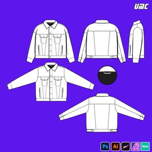 Op de afbeelding: Ontwerp van een witte spijkerjas, getoond vanuit verschillende hoeken: voor-, achter- en zijaanzicht, tegen een paarse achtergrond. Voorzien van knopen, borstzakken en een kraag. Inclusief een cirkelvormig design en software-iconen.