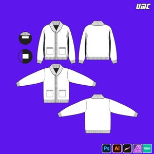 Può includere: Design di cardigan bianco con scollo a V, due tasche frontali e chiusura con bottoni. Il design è mostrato da più angolazioni su uno sfondo viola. L'immagine include anche il testo "UMC" e le icone del software di progettazione.