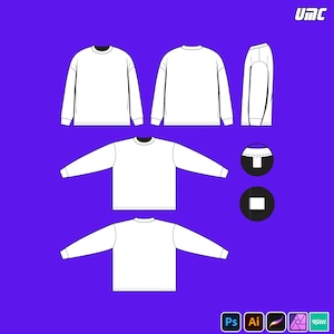Puede incluir: Diseño de sudadera blanca de manga larga mostrado en múltiples vistas sobre un fondo púrpura. El diseño incluye vistas frontal, trasera, lateral y de detalle. La imagen también incluye el texto "UMC" y los iconos de software.