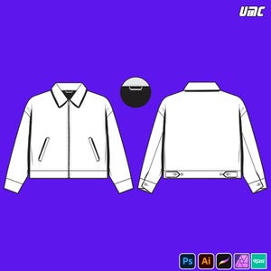 May include: White bomber jacket design with front and back views, featuring a collar, pockets, and a zipper closure. The design is set against a vibrant purple background. The image also includes the text "UMC" and software icons.