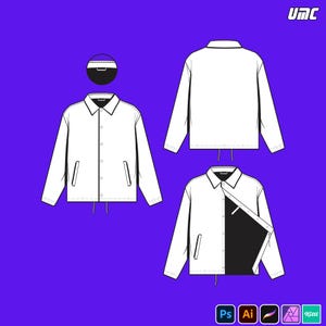 May include: White coach jacket design with multiple views, including front, back, and an inside view. The jacket features a collar, pockets, and a drawstring at the hem. The design is set against a purple background with the UMC logo in the top right corner.