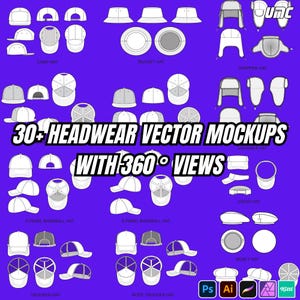 Puede incluir: Un fondo morado muestra maquetas vectoriales de sombreros, incluyendo gorras de béisbol, sombreros de pescador y gorros de aviador. El texto dice "30+ HEADWEAR VECTOR MOCKUPS WITH 360° VIEWS". Se ven iconos de software.