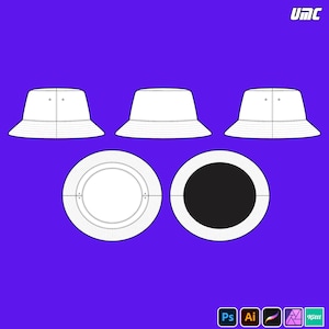 Può includere: Disegno tecnico di un cappello da pescatore bianco, mostrato da più angolazioni su sfondo viola. Il design include viste dall'alto, laterali e inferiori, che illustrano la costruzione del cappello. Il logo UMC è in alto a destra.