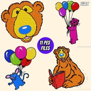 Könnte beinhalten: Vier farbenfrohe Cartoon-Bär-Designs, darunter ein Bärengesicht, ein rosa Bär mit Luftballons, eine blaue Maus mit Luftballons und ein Bär, der ein Buch liest. Das Bild enthält den Text "11 PES FILES".