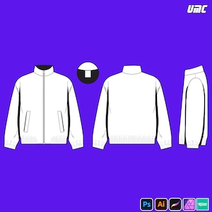 May include: White jacket design with a zipper closure, pockets, and a high collar. The image shows the jacket from multiple angles, including front, back, and side views. The background is a solid purple color. The jacket design is a vector illustration.