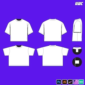 Può includere: Illustrazione tecnica di un design di maglietta bianca, mostrata da più angolazioni: anteriore, posteriore, laterale e viste di dettaglio. Il design è ambientato su uno sfondo viola, con il logo "UMC" in alto a destra. Icone software in basso.