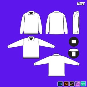 Könnte beinhalten: Technische Zeichnung eines weißen Langarmshirts mit schwarzem Kragen und Manschetten, aus verschiedenen Blickwinkeln dargestellt. Das Design umfasst Vorder-, Rück-, Seiten- und Detailansichten, vor einem leuchtend lila Hintergrund. Das UMC-Logo befindet sich oben rechts.