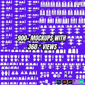 May include: A purple background with numerous white clothing mockups, including shirts, pants, jackets, and accessories. The text "900+ MOCKUPS WITH 360° VIEWS" is prominently displayed. Software icons for Photoshop, Illustrator, and Kitti are at the bottom.