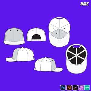 May include: A collection of baseball cap designs in various views, showcasing the front, back, and side profiles. The caps feature a classic flat brim and adjustable snapback closure. The color scheme includes white and gray, set against a purple background.