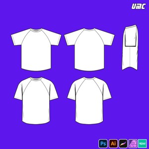 May include: White raglan sleeve t-shirt design, front and back views, and a skirt design, all against a purple background. The image includes the text "UMC" in the upper right corner and software icons in the lower right corner.