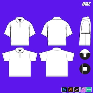May include: A white polo shirt design is displayed in multiple views against a purple background. The design includes front, back, and side views, along with detail views of the collar and hem. The image also includes the text "UMC" and software icons.