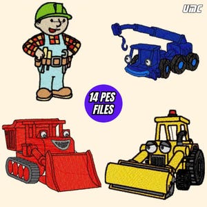 May include: Machine embroidery designs featuring cartoon construction vehicles and a construction worker. The designs include a blue crane truck, a red dump truck, and a yellow bulldozer. The text "14 PES FILES" is in a purple circle.