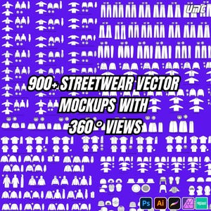 Op de afbeelding: Een paarse achtergrond met witte vector mockups van streetwear kleding. De afbeelding bevat de tekst "900+ STREETWEAR VECTOR MOCKUPS WITH 360° VIEWS". Software-iconen zijn ook aanwezig.