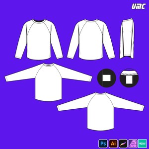 May include: White long-sleeve raglan shirt template with a black neckline. Multiple views of the shirt are shown, including front, back, and side profiles. The image is set against a purple background. The UMC logo is in the top right corner.