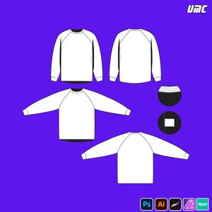 Puede incluir: Diseño de sudadera raglán blanca de manga larga sobre fondo morado. La imagen muestra múltiples vistas de la sudadera, incluyendo vistas frontal, trasera y detalles. El diseño es limpio y minimalista, centrado en la forma y construcción de la prenda. El logotipo UMC está en la esquina superior derecha.
