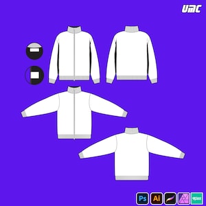 Könnte beinhalten: Design einer weißen Jacke mit Reißverschluss auf lila Hintergrund. Die Jacke hat einen hohen Kragen, lange Ärmel und gerippte Säume und Bündchen. Das Bild enthält Vorder-, Rück- und Seitenansichten der Jacke. Das UMC-Logo und Designsoftware-Symbole sind in den Ecken.