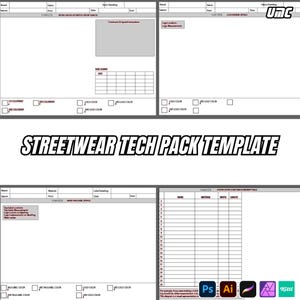 Puede incluir: Una plantilla blanca de tech pack de streetwear, con secciones para detalles, tablas de tallas y colocación de logotipos. El texto "STREETWEAR TECH PACK TEMPLATE" se muestra de forma destacada. Incluye iconos de software de diseño.
