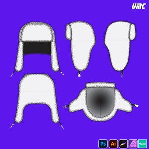 May include: A digital illustration of a white faux fur Ushanka hat, displayed from multiple angles against a purple background. The hat features ear flaps, a black interior, and drawstrings. The image includes software icons.