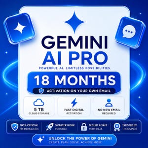 以下が含まれることがあります： Gemini AI Proのデジタルグラフィック。白い正方形の中に青い文字でGemini AI Pro、18 Months、5 TB Cloud Storage、Fast Digital Activation、No New Email Required、100% Official Premium Access、Unlock The Power Of Geminiと記載されています。