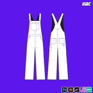 May include: A white overall design, front and back views, on a purple background. The overalls have pockets on the chest and legs, with adjustable straps. The image includes the text "UMC" and software icons.