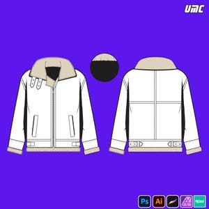 May include: White aviator jacket design with a beige faux fur collar and lining, featuring a front zipper, pockets, and buckle details. The design includes front and back views, with the UMC logo in the top right corner.