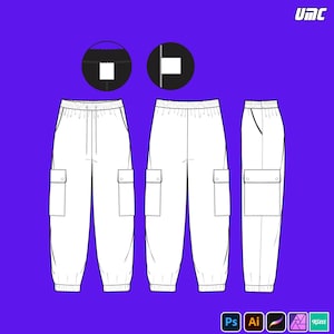Puede incluir: Dibujo técnico de pantalones cargo blancos con cintura con cordón, bolsillos laterales y puños elásticos. El diseño se muestra desde múltiples ángulos sobre un fondo púrpura. El logotipo de UMC está en la esquina superior derecha.