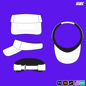 Puede incluir: Visera blanca con parte inferior negra y correa ajustable, mostrada desde múltiples ángulos. La visera tiene una visera curva y una banda que se ajusta alrededor de la cabeza. La imagen está sobre un fondo púrpura.