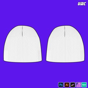 May include: Two white beanies with vertical line detailing are displayed against a vibrant purple background. The beanies are side by side, showcasing their design. The image also includes the text "UMC" and icons for design software.