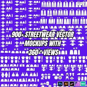 Peut inclure: Fond violet avec des maquettes vectorielles blanches de vêtements streetwear. L'image contient le texte "900+ STREETWEAR VECTOR MOCKUPS WITH 360° VIEWS". Des icônes de logiciels sont également présentes.