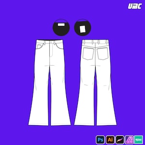 May include: White flared jeans, front and back view, on a purple background. The jeans have a classic five-pocket design and a high waist. The image includes design software logos in the bottom right corner.