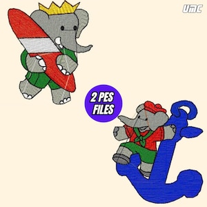 Könnte beinhalten: Gesticktes Design mit zwei Zeichentrick-Elefanten. Einer trägt eine Krone und hält ein rot-weißes Surfbrett. Der andere sitzt auf einem blauen Anker. Ein violetter Kreis mit dem Text "2 PES FILES" ist ebenfalls vorhanden.