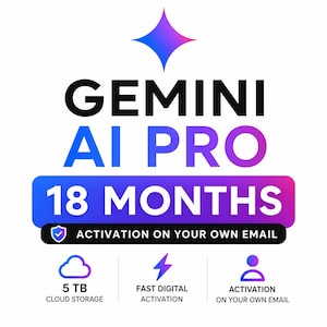 Puede incluir: Un gráfico digital para Gemini AI Pro con un icono de estrella en degradado morado y azul. El texto dice Gemini AI Pro, 18 Months, Activation on your own email, 5 TB cloud storage, fast digital activation y activation on your own email.