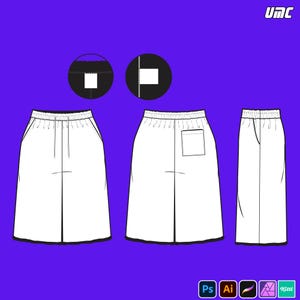 May include: Technical drawing of white shorts with an elastic waistband and pockets. The design includes front, back, and side views, with details of the waistband and pocket construction. The background is a solid purple color, with the UMC logo in the top right corner.